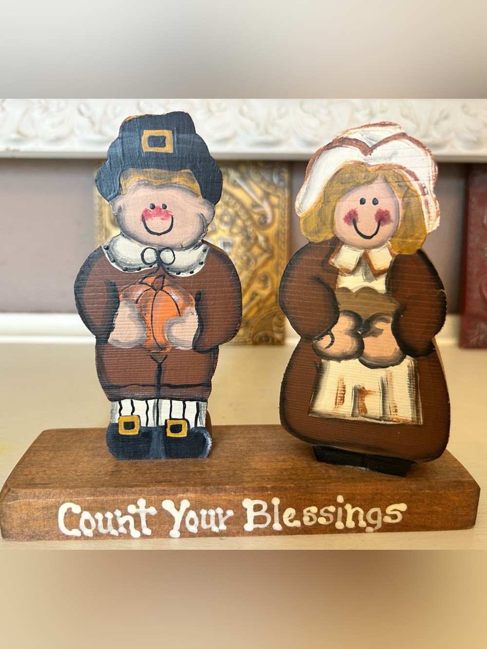 Vintage Hand-Painted Brown Pilgrim Figures Holiday Decor - Count Your Blessings